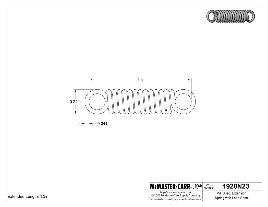 Technical Drawing of Mil. Spec. Extension Spring with Loop Ends, 1" Long, 0.240" OD, 0.041" Wire Diameter.